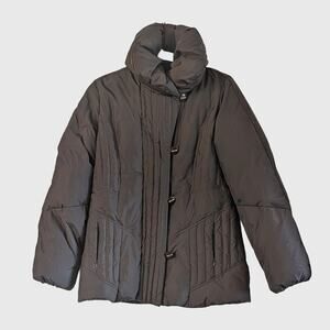 Larry Levine Down Puffer Jacket S Chocolate Brown Funnel Collar Winter Coat